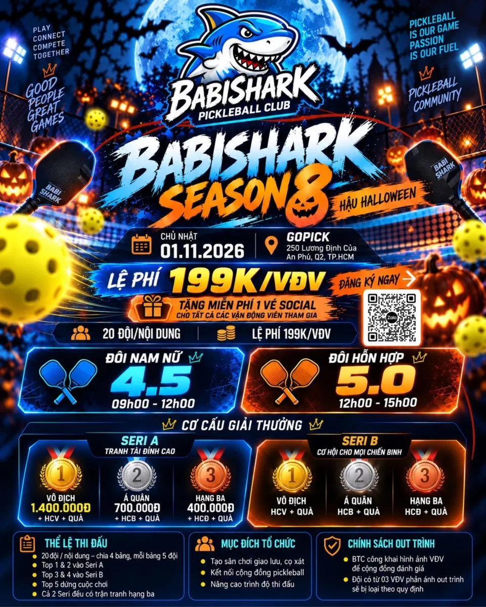 BabiShark Season 8 pickleball tournament poster for 1 November at GoPick, showing the women–men doubles 4.5 and mixed doubles 5.0 divisions