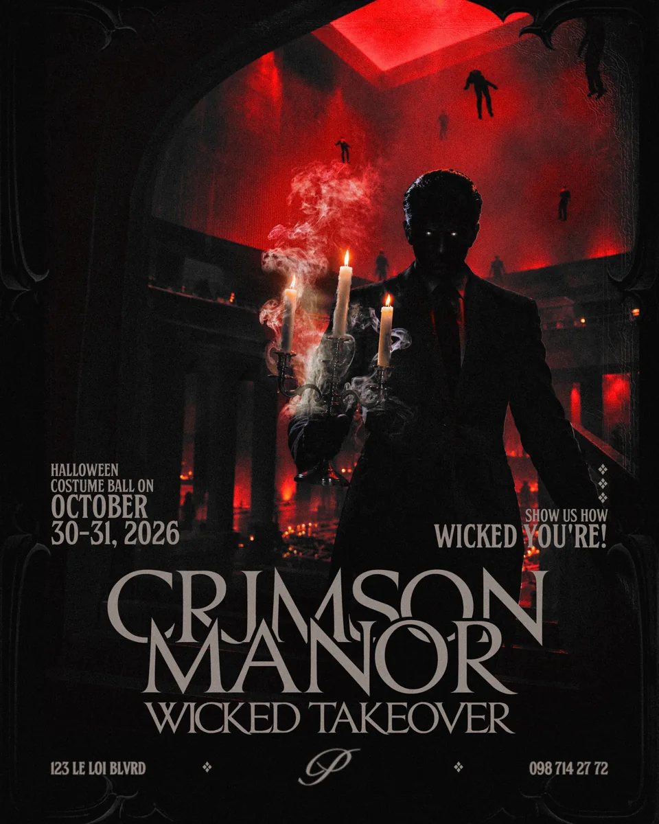 Crimson Manor Halloween costume ball artwork for the full 30–31 October 2026 programme at Papi, 123 Lê Lợi.