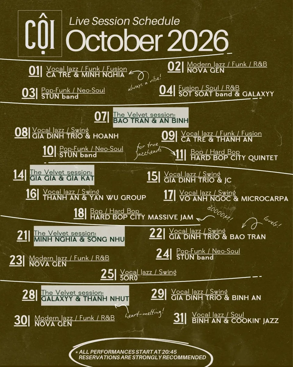 CỘI October 2026 live session calendar with all listed dates, performers and 20:45 performance time