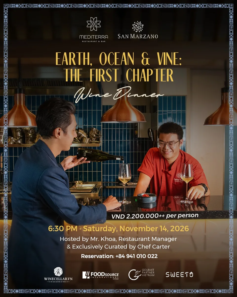Earth, Ocean & Vine: The First Chapter wine dinner poster — Mediterra x San Marzano, Saturday November 14 2026 6:30PM, VND 2,200,000++ per person, hosted by Mr. Khoa and Chef Carter, reservation +84 941 010 022