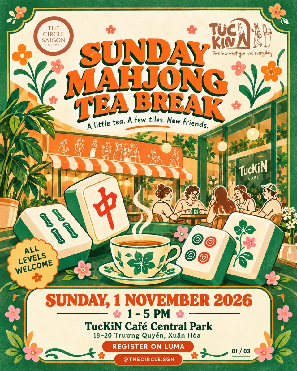 Sunday Mahjong Tea Break poster with 1 November 2026, 1–5 PM and TucKiN Café address.