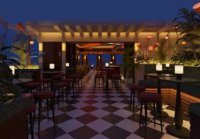 Evening terrace and city-facing seating at Saigon Saigon Rooftop Bar.