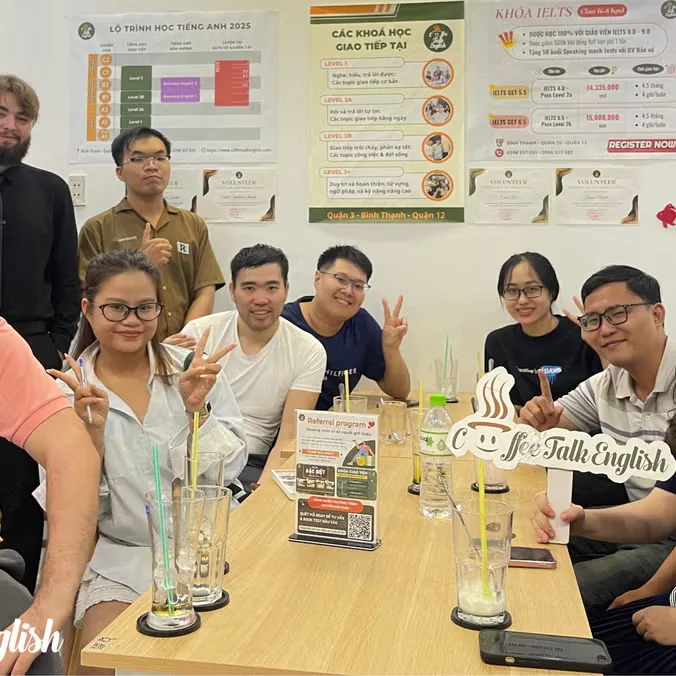 Photograph of a previous Coffee Talk English group gathering; illustrative, not this dated session.