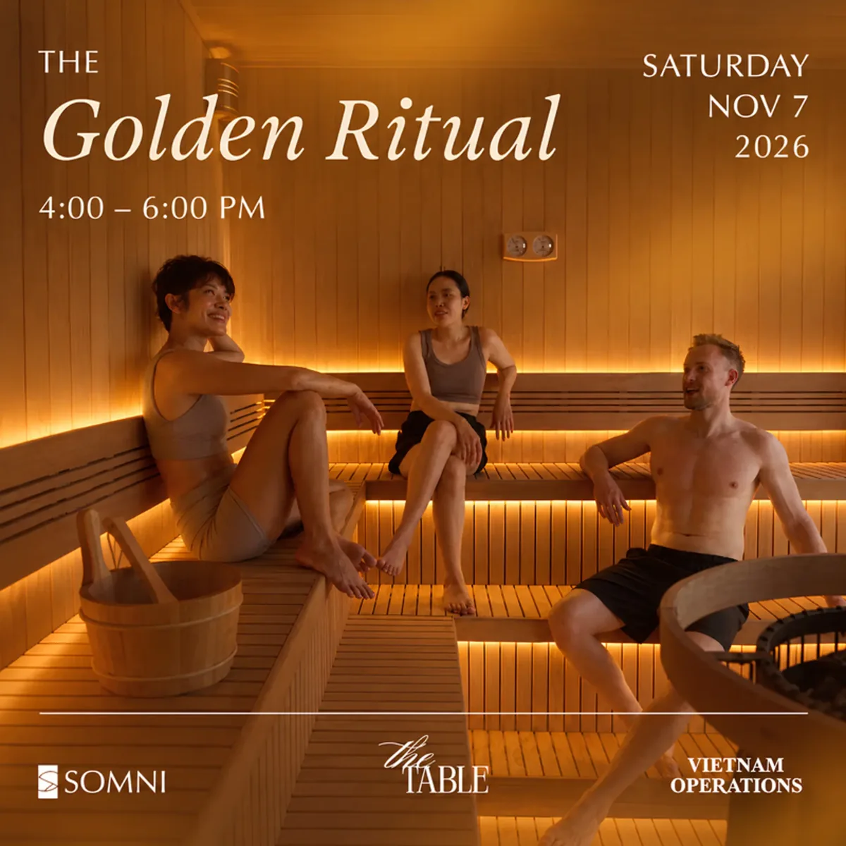 Golden Ritual poster showing 7 November 2026, 16:00–18:00, and guests in a sauna.