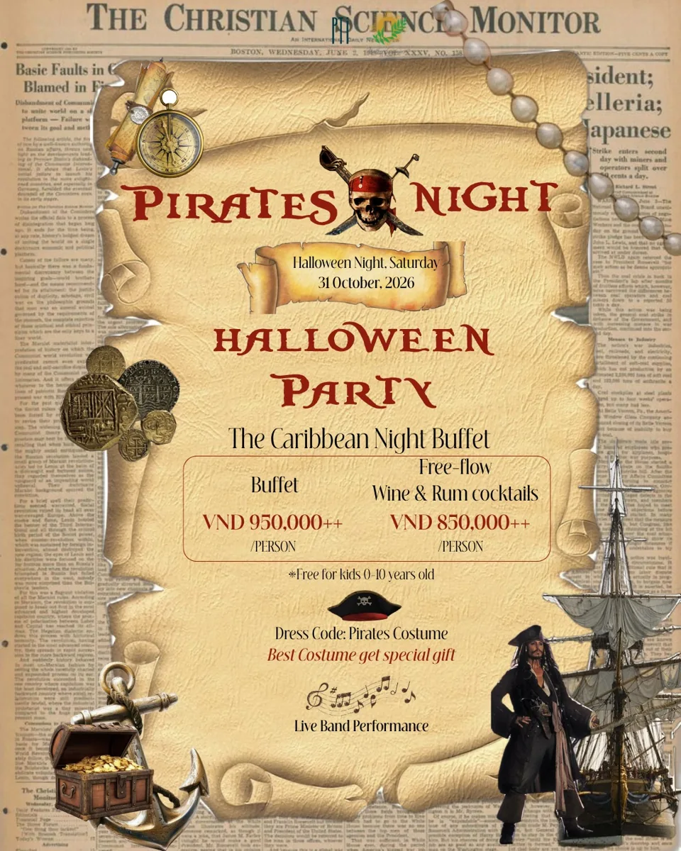 Pirates Night Halloween Party poster for 31 October 2026 with buffet and free-flow drink prices, costume competition and live band.