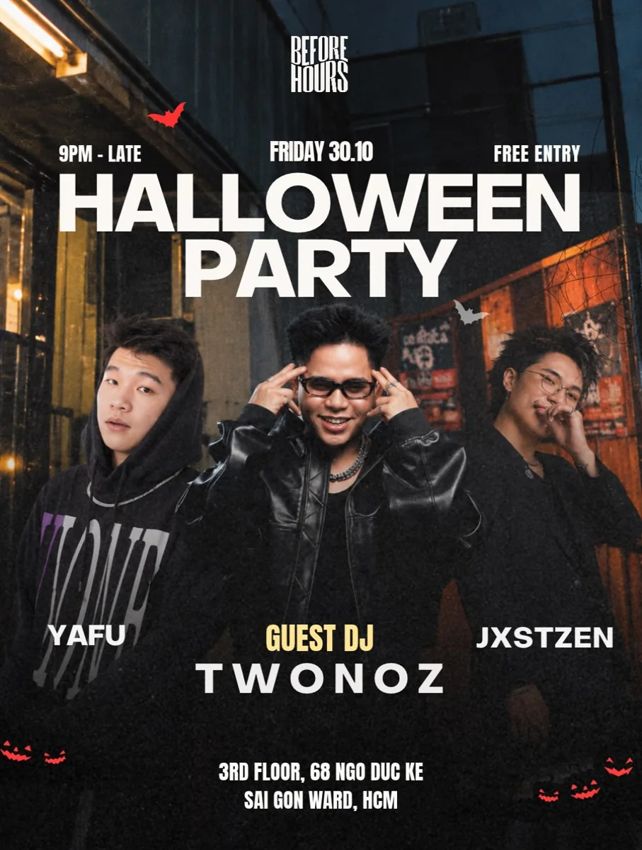 Before Hours Halloween Party poster showing Yafu, guest DJ Twonoz and Jxstzen, Friday 30 October at 9pm