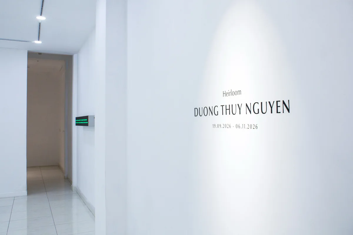 Installation views of Heirloom at Vin Gallery, including the exhibition title and dates