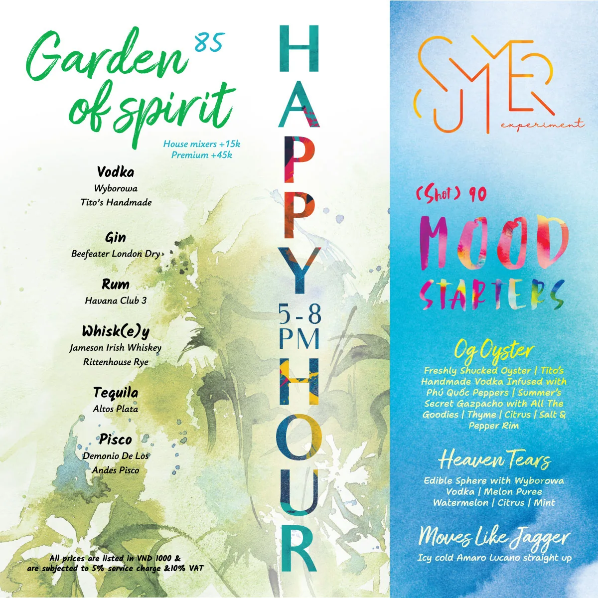 Summer Experiment Garden Happy Hour spirits menu, 5–8pm, with prices and supplements