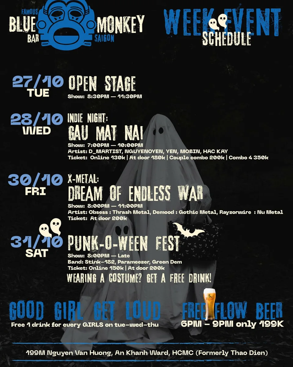 Blue Monkey weekly schedule poster with 27 October open stage and 31 October Punk-O-Ween Fest.