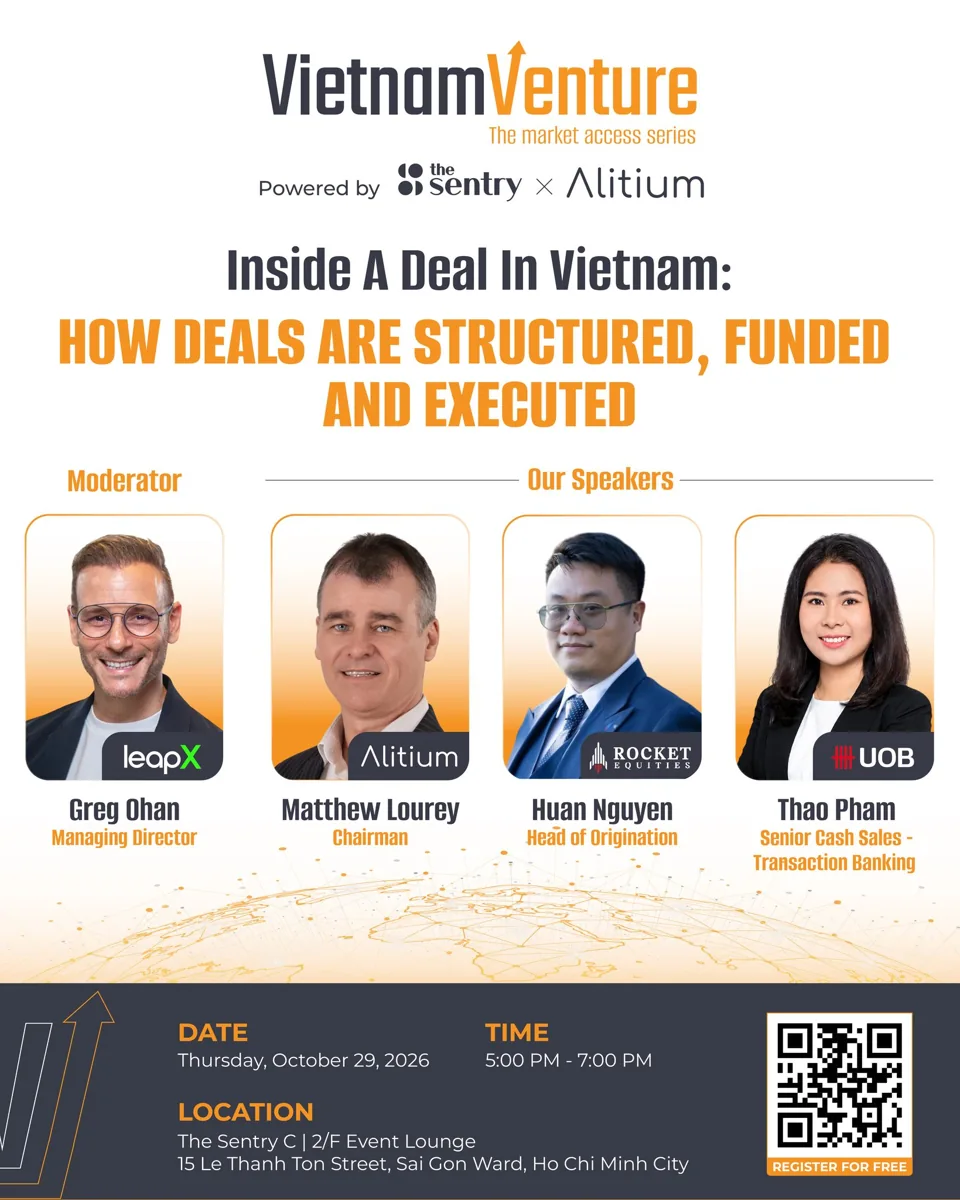 Event poster for Vietnam Venture #4 showing four speakers' headshots with title 'Inside A Deal In Vietnam: How Deals Are Structured, Funded And Executed', Thursday October 29 2026 5-7PM at The Sentry C, 15 Le Thanh Ton Street