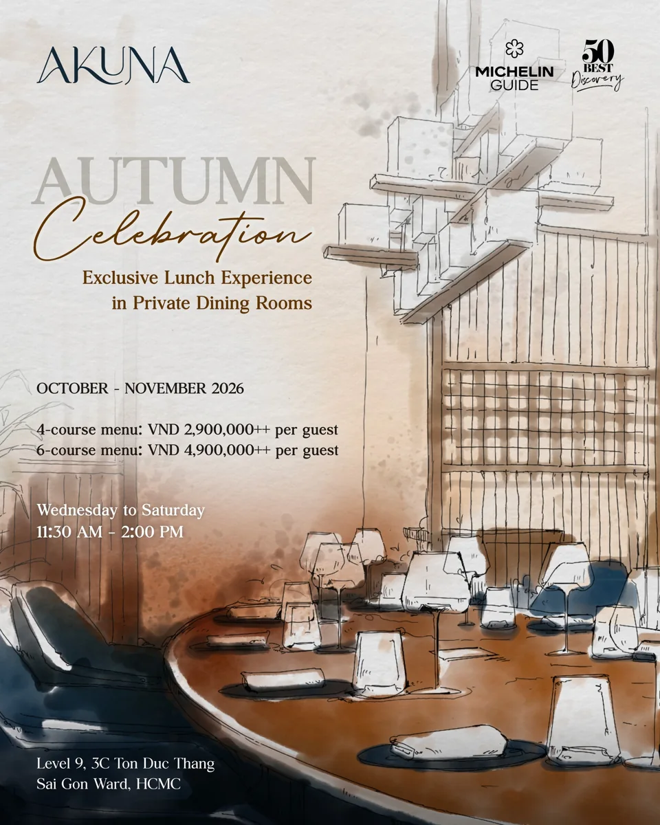 Akuna Autumn Celebration private-room lunch offer for October–November 2026, Wednesday–Saturday, 11:30–14:00.