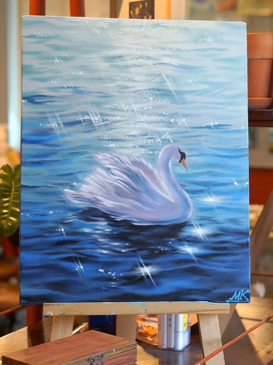 Swan painting displayed as the workshop artwork