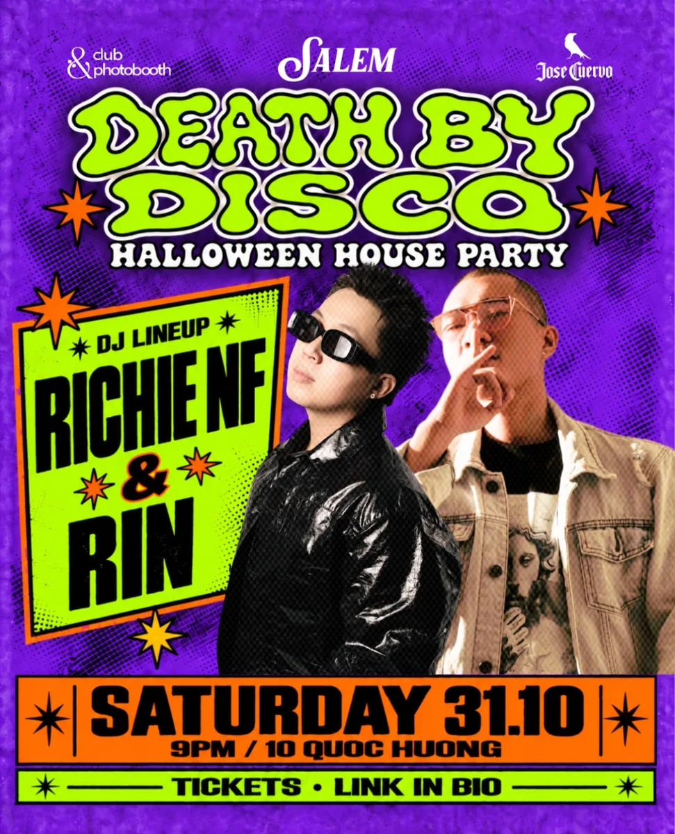 Death by Disco Halloween House Party poster with Richie NF and Rin, Saturday 31 October at 9 PM.