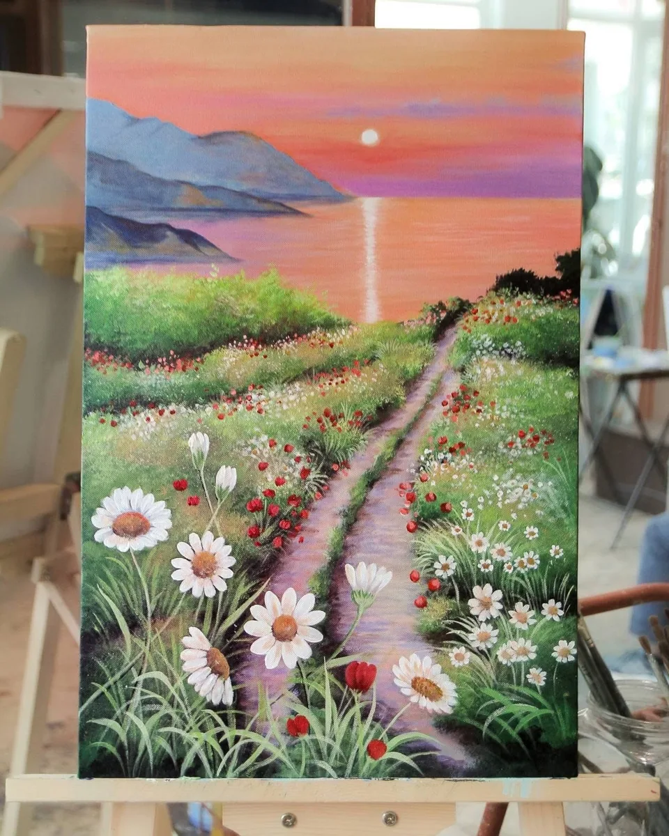 [SG] Workshop vẽ tranh màu acrylic: Hoàng hôn trong đôi mắt example painting canvas