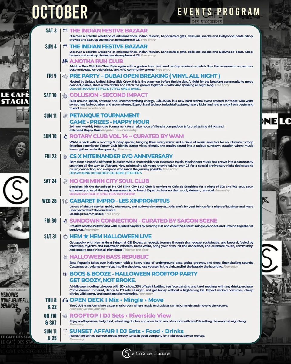 Le Café des Stagiaires October programme poster showing distinct dated events from 3 through 31 October, including three separate Halloween parties.