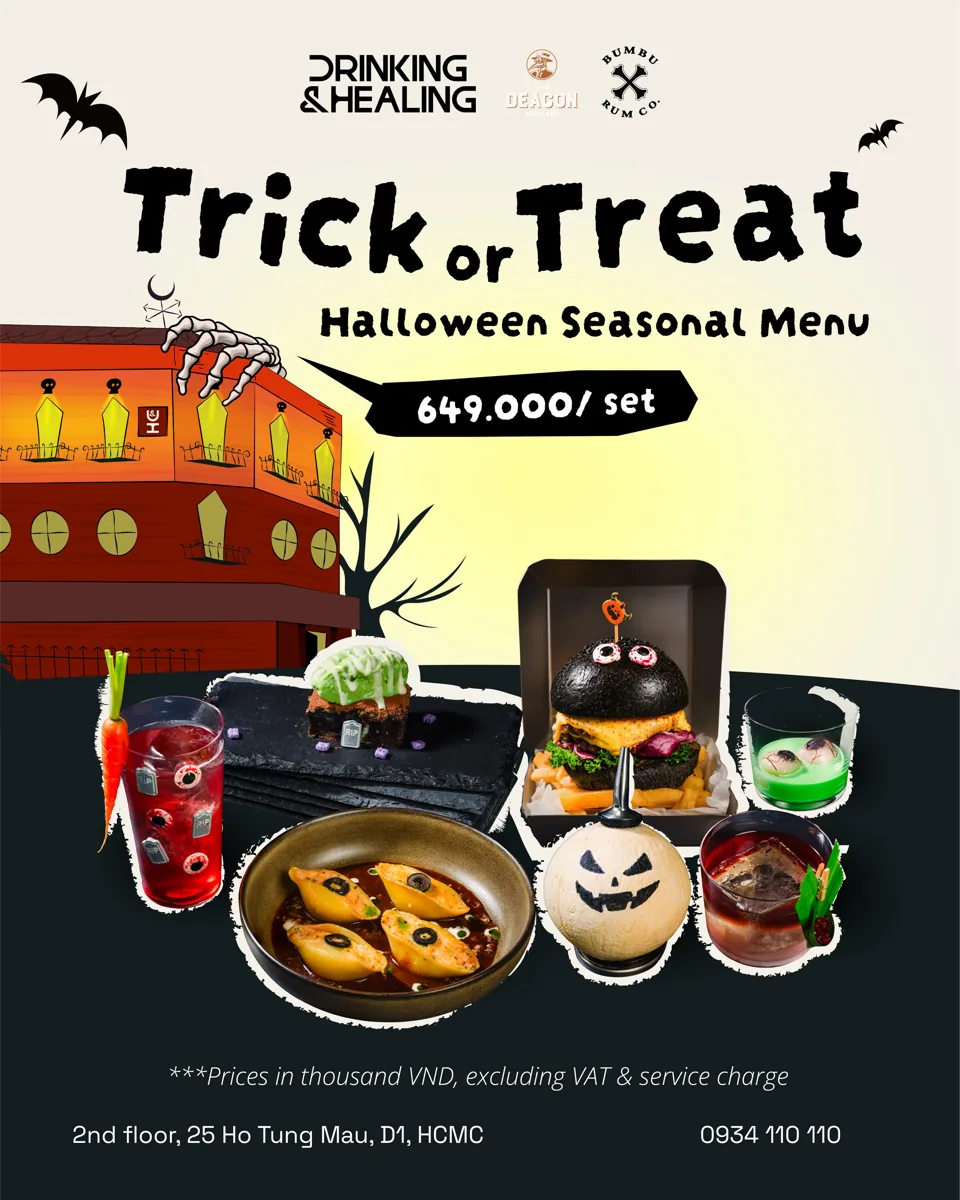 Trick or Treat Halloween seasonal set menu poster showing 649,000 VND per set excluding VAT and service charge.