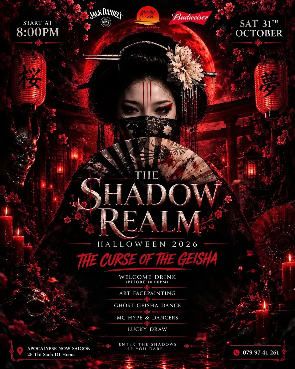 Shadow Realm Halloween 2026 poster for October 31 at 20:00 at Apocalypse Now, with listed activities.
