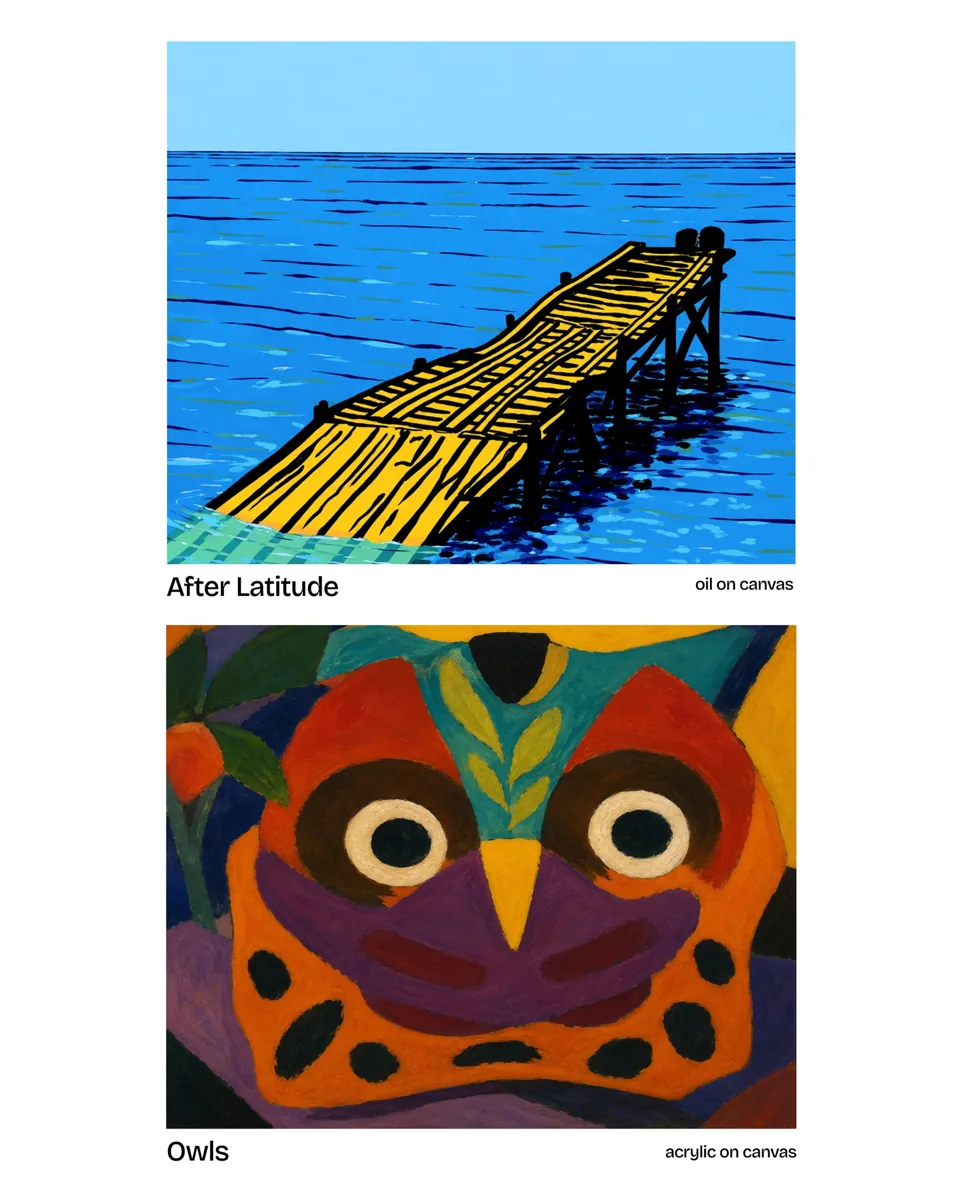 Two artworks from the joint exhibition at SOMA: top is 'After Latitude' by Tom Smith (oil on canvas, bold graphic seascape with yellow wooden dock on blue water); bottom is 'Owls' by Irene Madriaga Smith and Tom Smith (acrylic on canvas, colorful tribal-style owl face in orange, red, blue and yellow inspired by indigenous Philippine art)