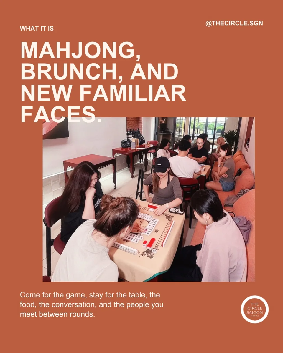 The Circle Sunday Mahjong promotional card showing participants playing Mahjong.