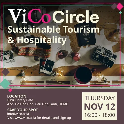 ViCo Circle Sustainable Tourism & Hospitality poster for November 12, 16:00–18:00 at Bibli Library Café.