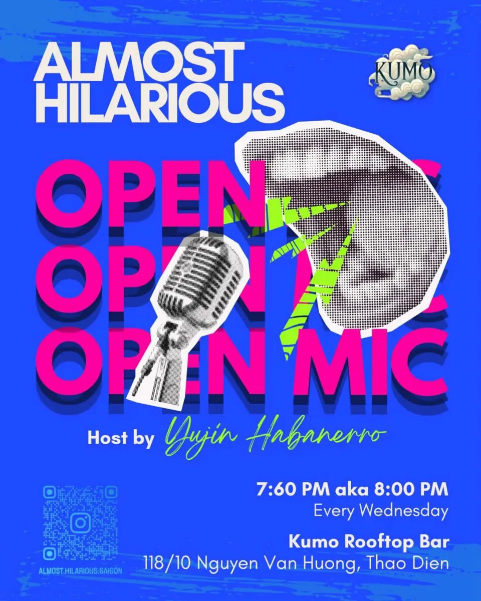 Almost Hilarious open mic comedy poster for Kumo Rooftop Bar.