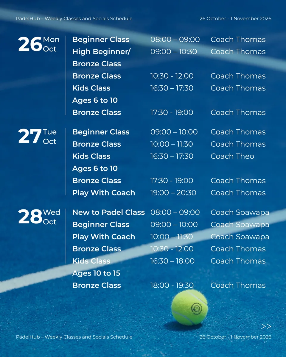 Visible Wednesday 28 October PadelHub class schedule