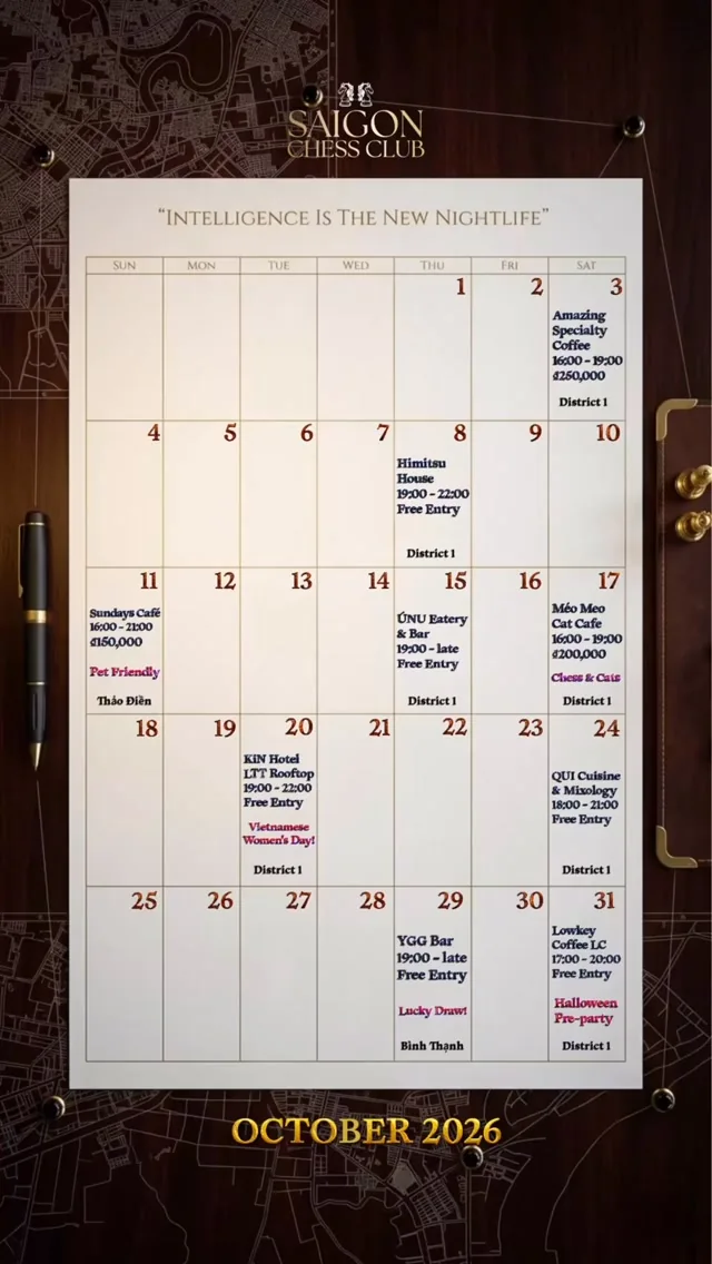 Saigon Chess Club October 2026 calendar listing dated chess socials and venues.