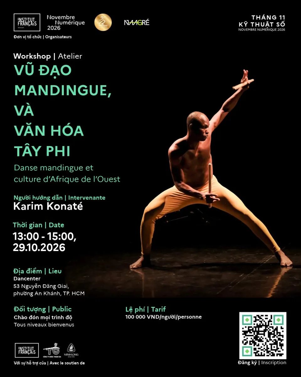 Official Naagré Mandingue dance and West African culture workshop poster: Karim Konaté at Dancenter, 29 October 2026, 13:00–15:00, 100,000 VND.