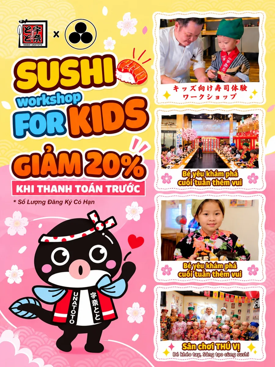 Unatoto Sushi Kids Workshop poster for four branch sessions on 7, 8, 28 and 29 November 2026.