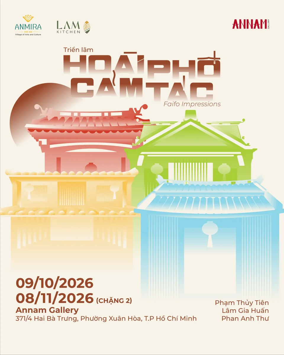 Hoài Phố Cảm Tác exhibition poster for the 9 October–8 November 2026 Saigon programme at Annam Gallery, naming all three artists.