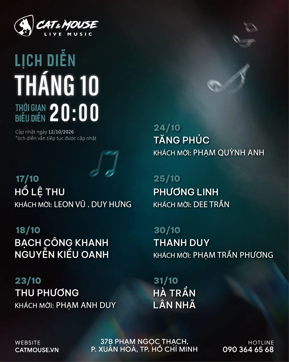 Cat & Mouse organizer image for Mùa Thu Cho Em: Hà Trần and Lân Nhã; shared monthly poster shows the whole October programme