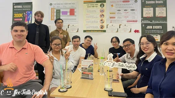 Coffee Talk English language exchange group seated together at a café table