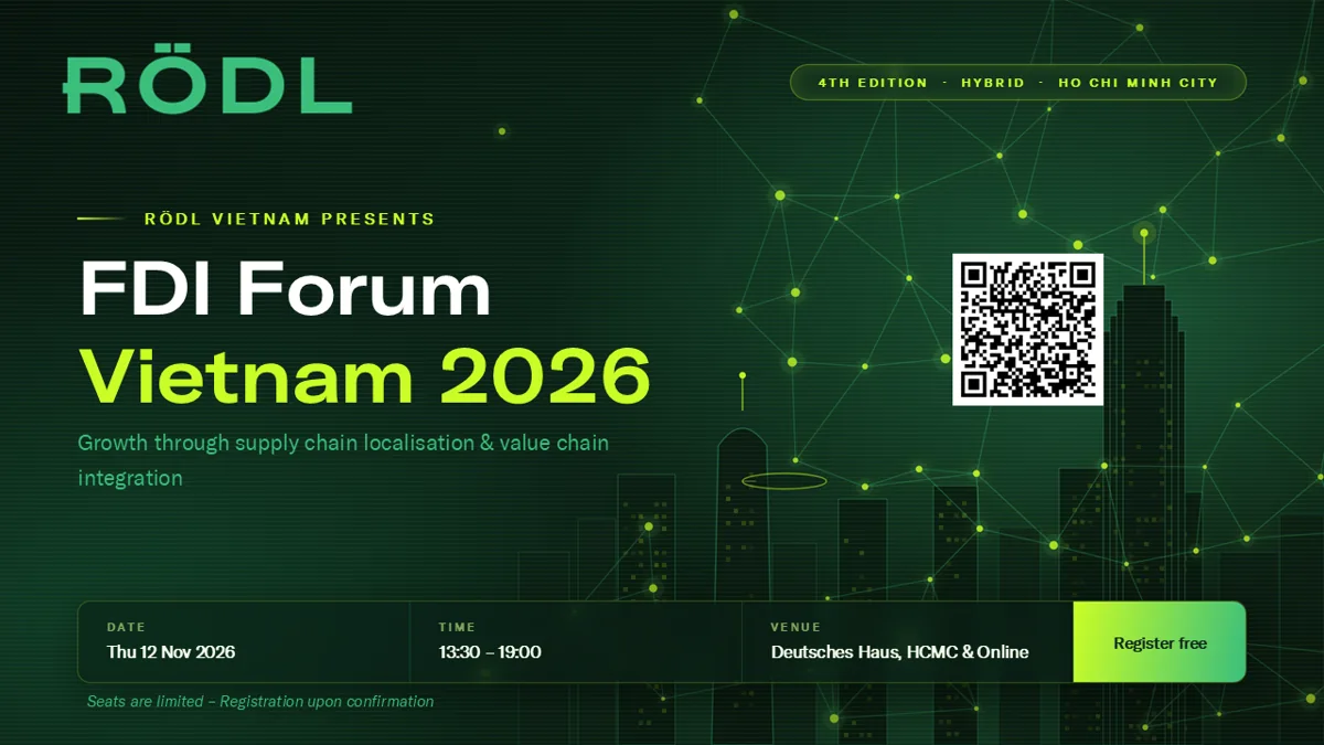RÖDL Vietnam FDI Forum 2026 banner stating November 12 at Deutsches Haus