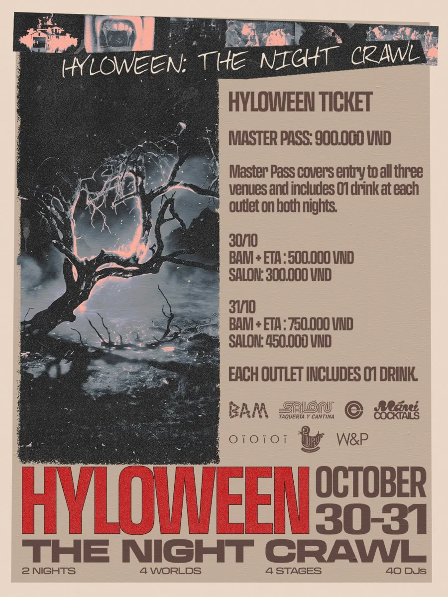 HYLOWEEN ticket poster for 30–31 October: BAM and ETA combined GA, Salon GA, and a three-venue Master Pass with stated drink inclusions.