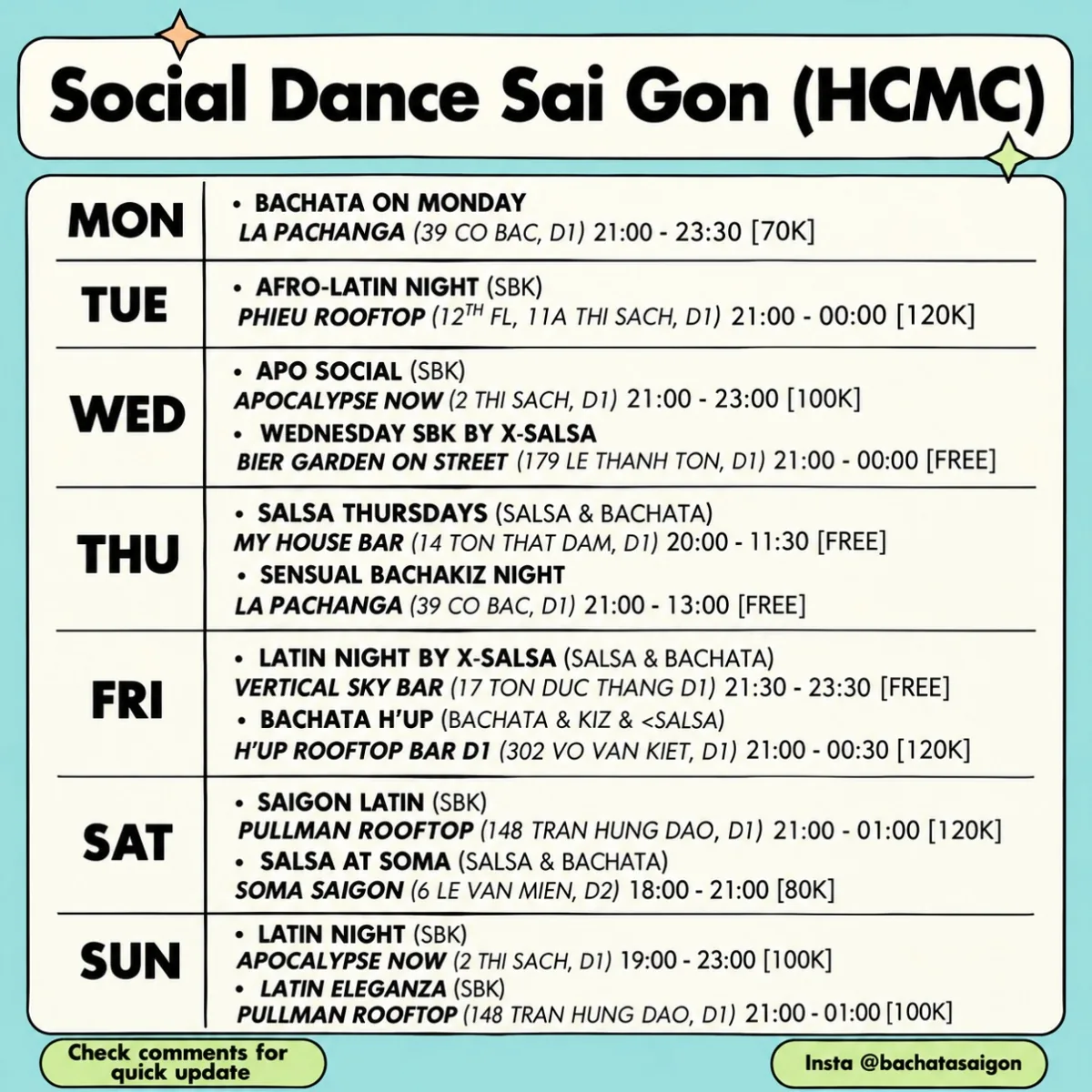Weekly Saigon social dance timetable with venues, times and admission prices