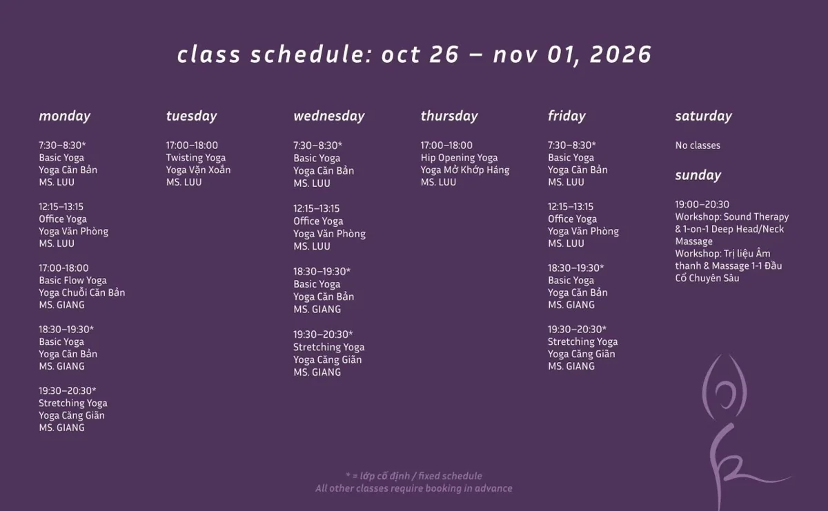 Lưu Thị November 2026 class schedule including the 1 November sound therapy workshop