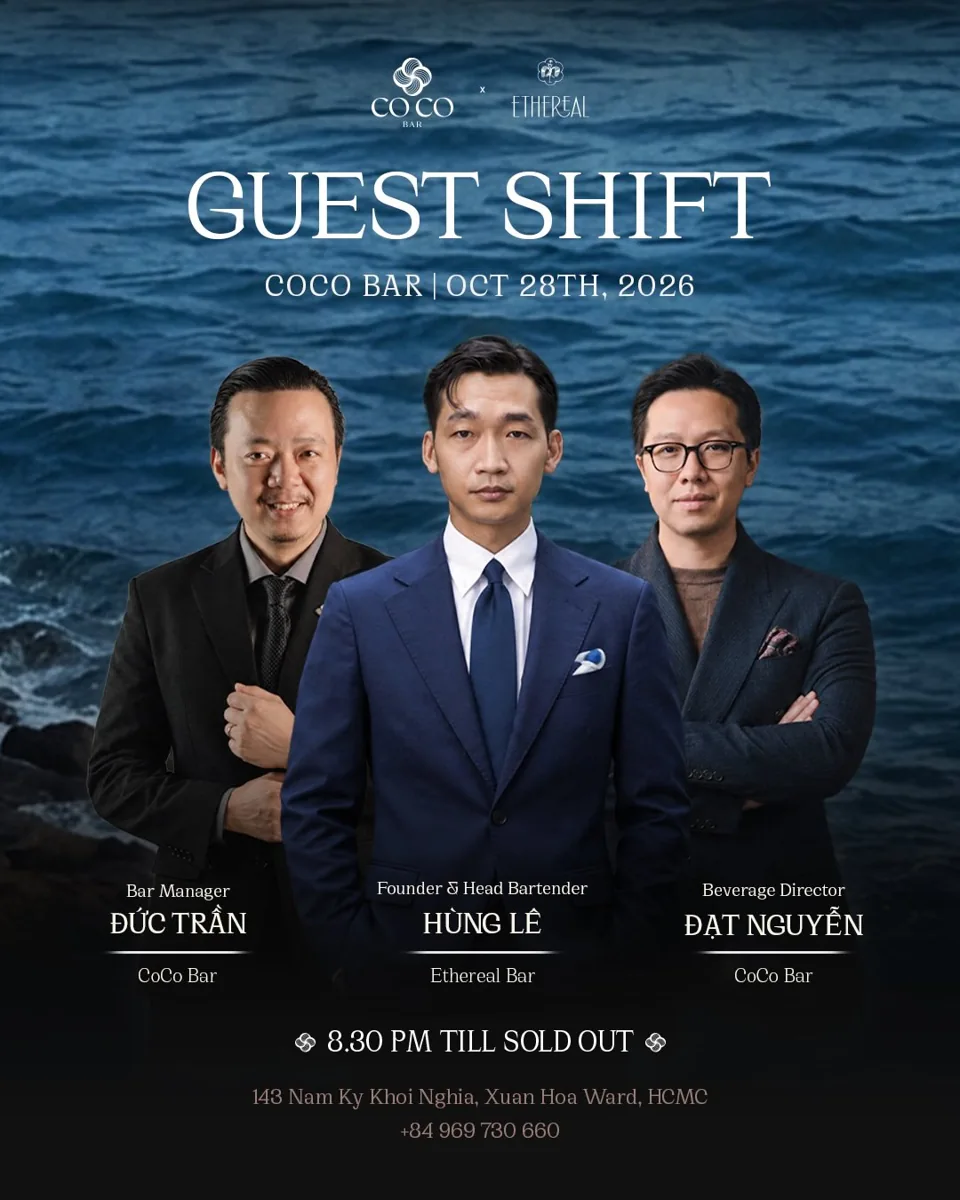 CoCo Bar and Ethereal Bar guest shift poster for 28 October 2026 at 8:30pm, naming Hung Le, Duc Tran and Dat Nguyen.