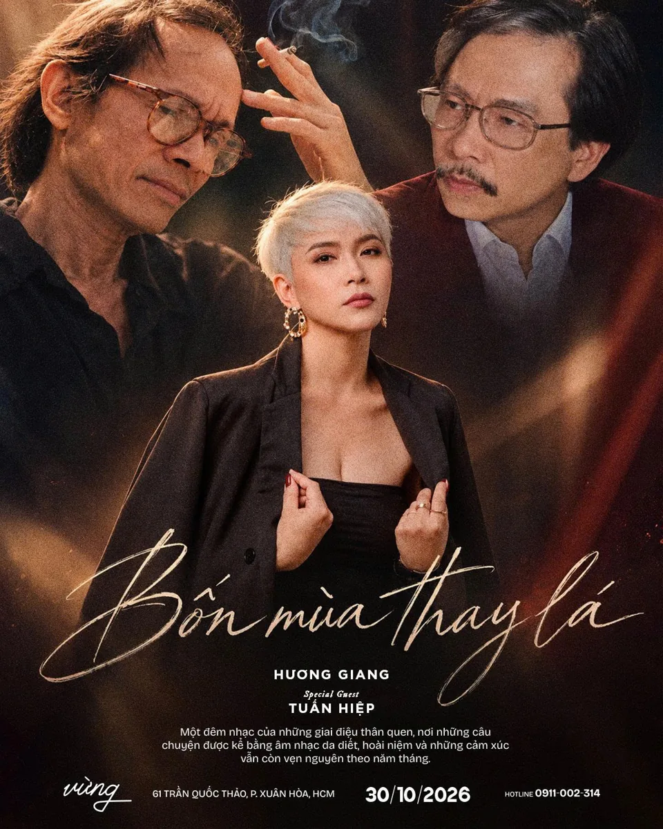 Poster for Bốn Mùa Thay Lá with Hương Giang and guest Tuấn Hiệp at Vừng on 30 October 2026.
