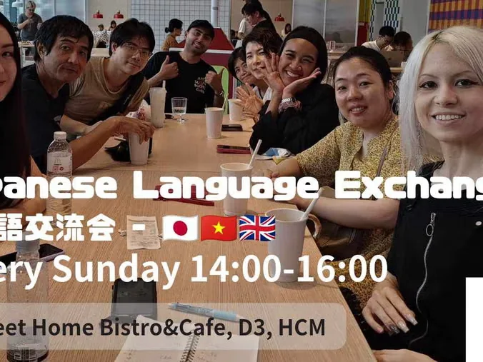 Japanese Buddy promotional image for the recurring Sunday 14:00–16:00 Japanese language exchange at Sweet Home Bistro & Cafe, District 3; it gives no date for this occurrence and does not verify attendance.