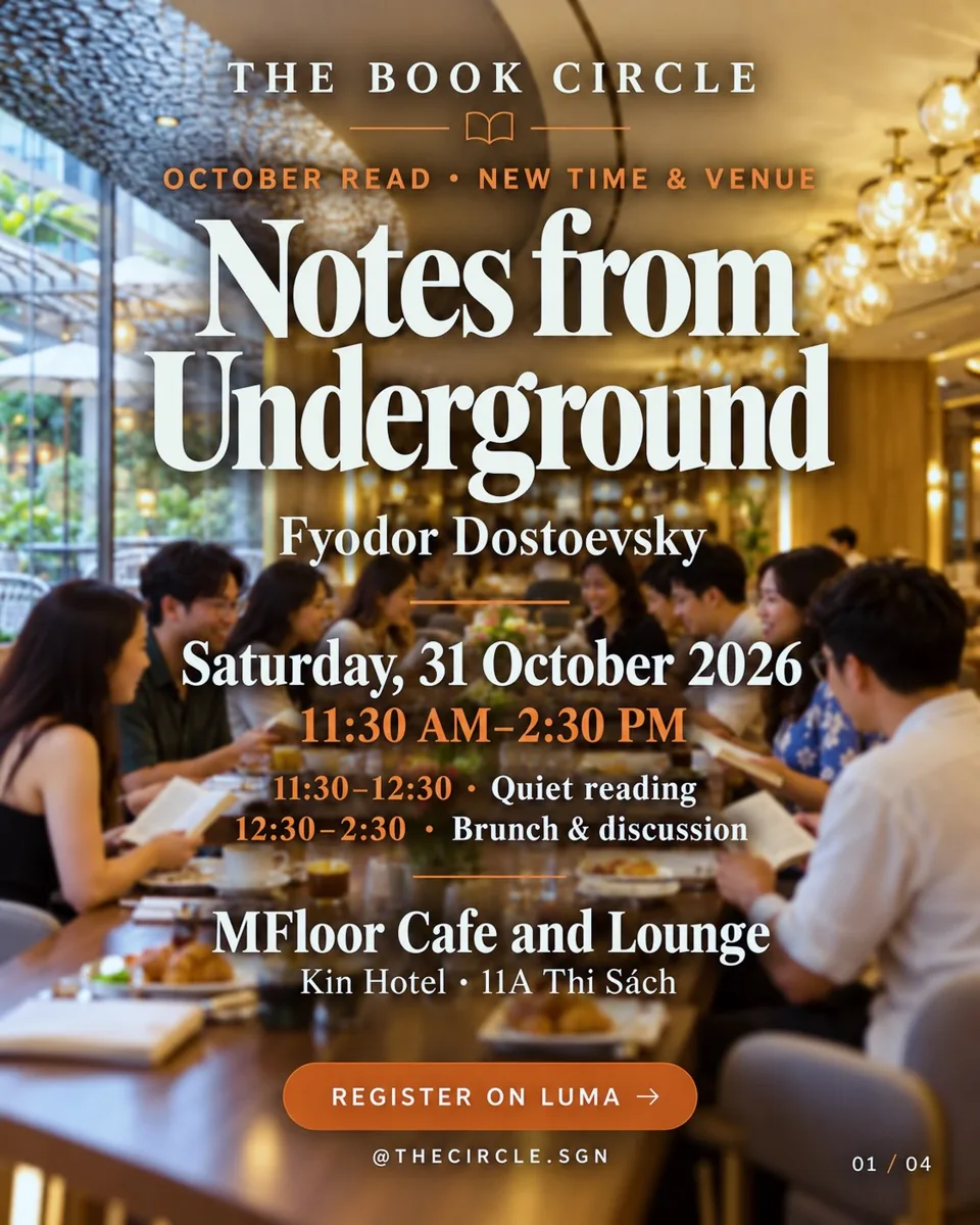 Updated October Book Circle poster naming Notes from Underground, 31 October, 11:30 AM–2:30 PM and MFloor Cafe.