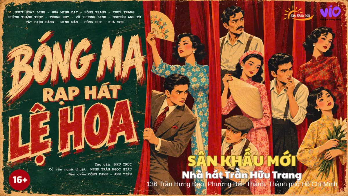 Official artwork for Sân Khấu Mới’s play Bóng Ma Rạp Hát Lệ Hoa at Nhà hát Trần Hữu Trang.