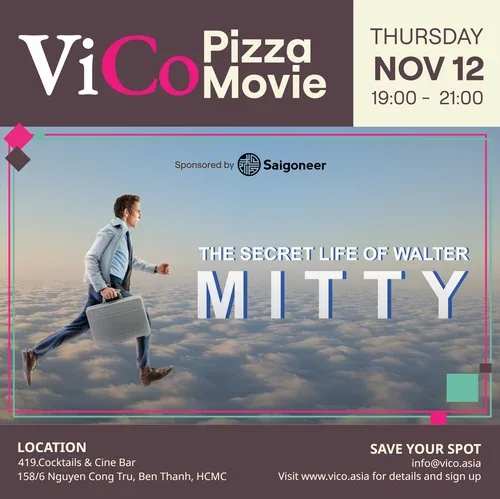 ViCo PizzaMovie poster for The Secret Life of Walter Mitty, November 12, 19:00–21:00 at 419. Cocktails & Cine Bar.