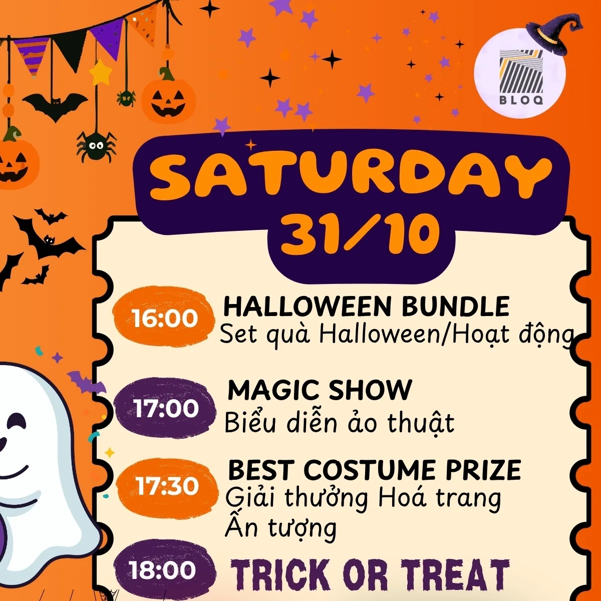 BLOQ Halloween bundle programme for Saturday 31 October; the two-day bundle includes activities and trick or treat, with a Saturday magic show.