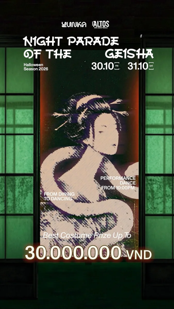 YUNKA shared Night Parade of the Geisha programme poster for 30 and 31 October 2026, with dance from 10 PM and costume prizes.