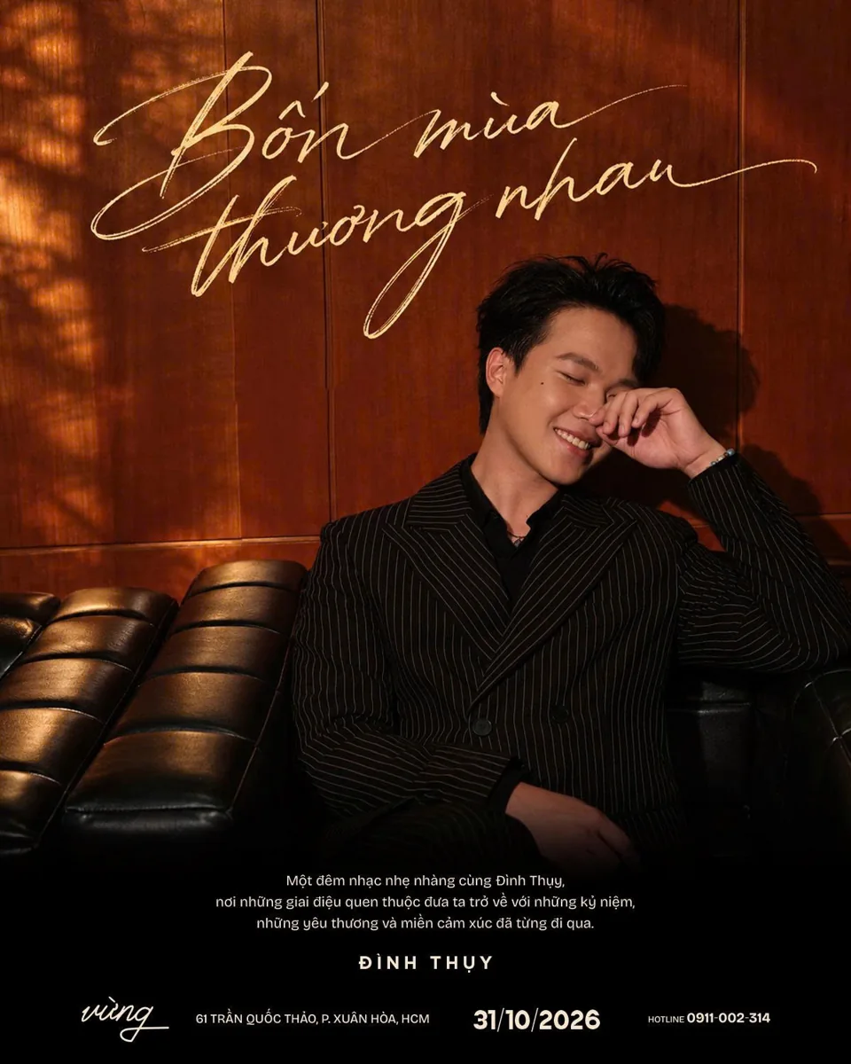 Promotional poster for Bốn Mùa Thương Nhau with Đình Thụy, 2026-10-31; pictured musicians may illustrate the repertoire rather than appear.