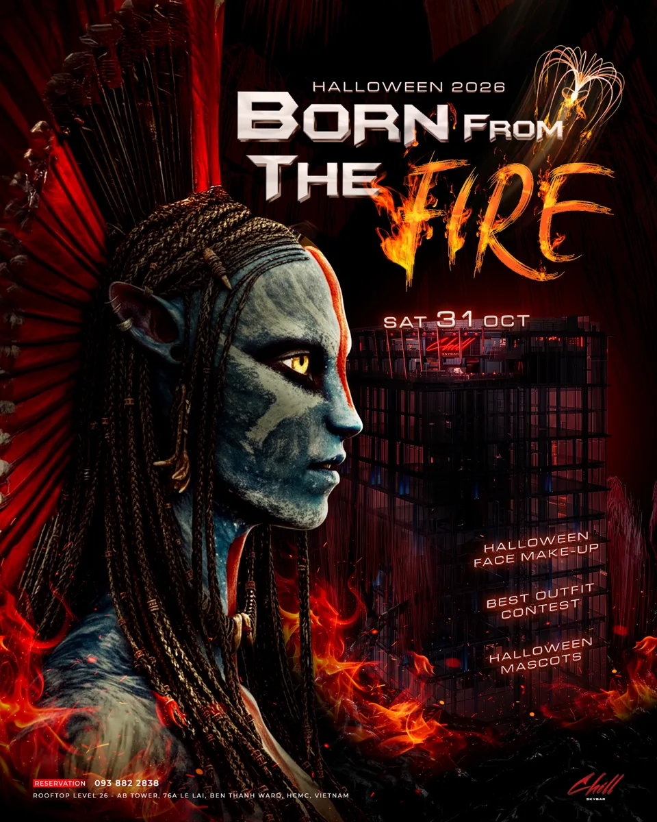 BORN FROM THE FIRE Halloween 2026 poster for Chill Skybar on 31 October, with face makeup, outfit contest and mascots.