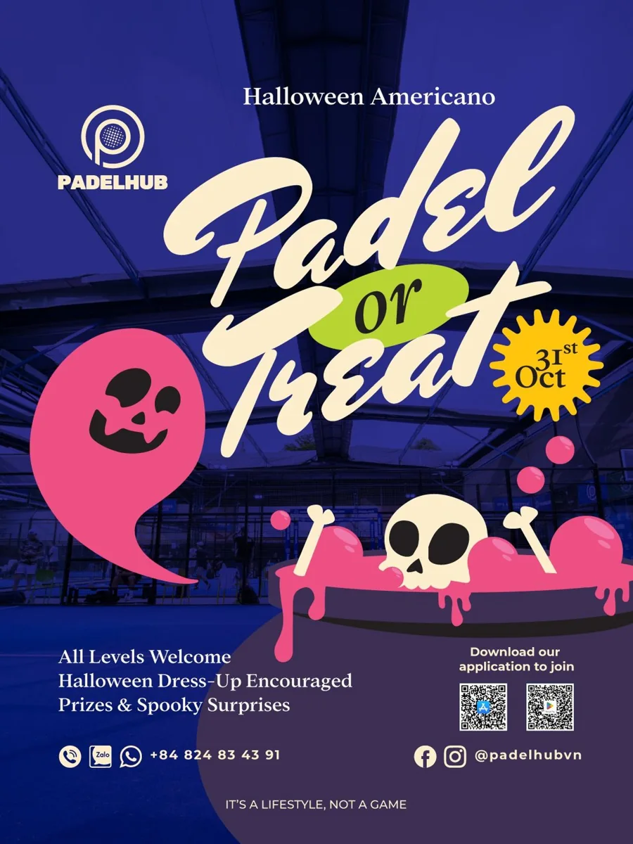 PadelHub Halloween Americano poster for 31 October, with costumes and prizes advertised.