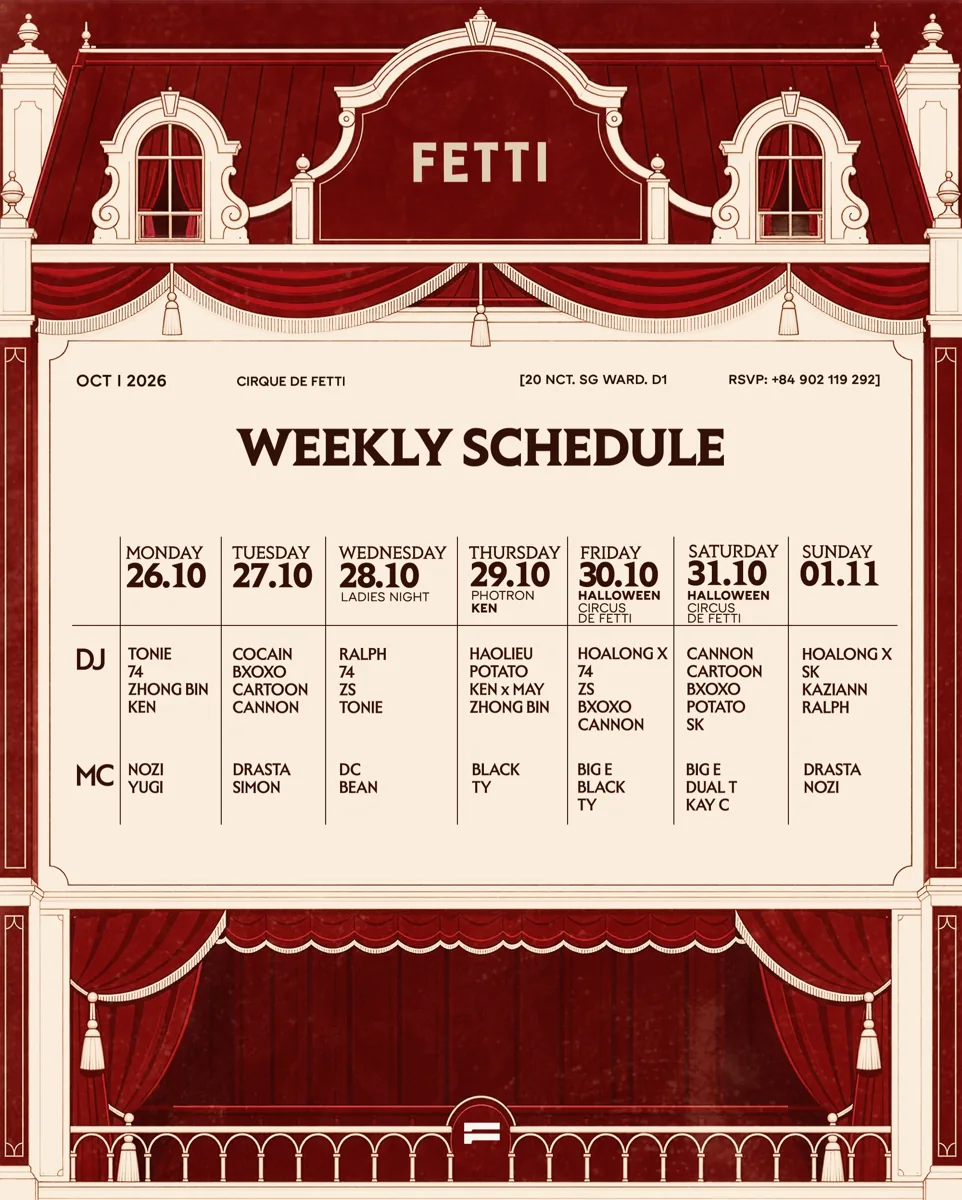 FETTI weekly DJ and MC programme for 26 October through 1 November 2026; this listing is one dated session.