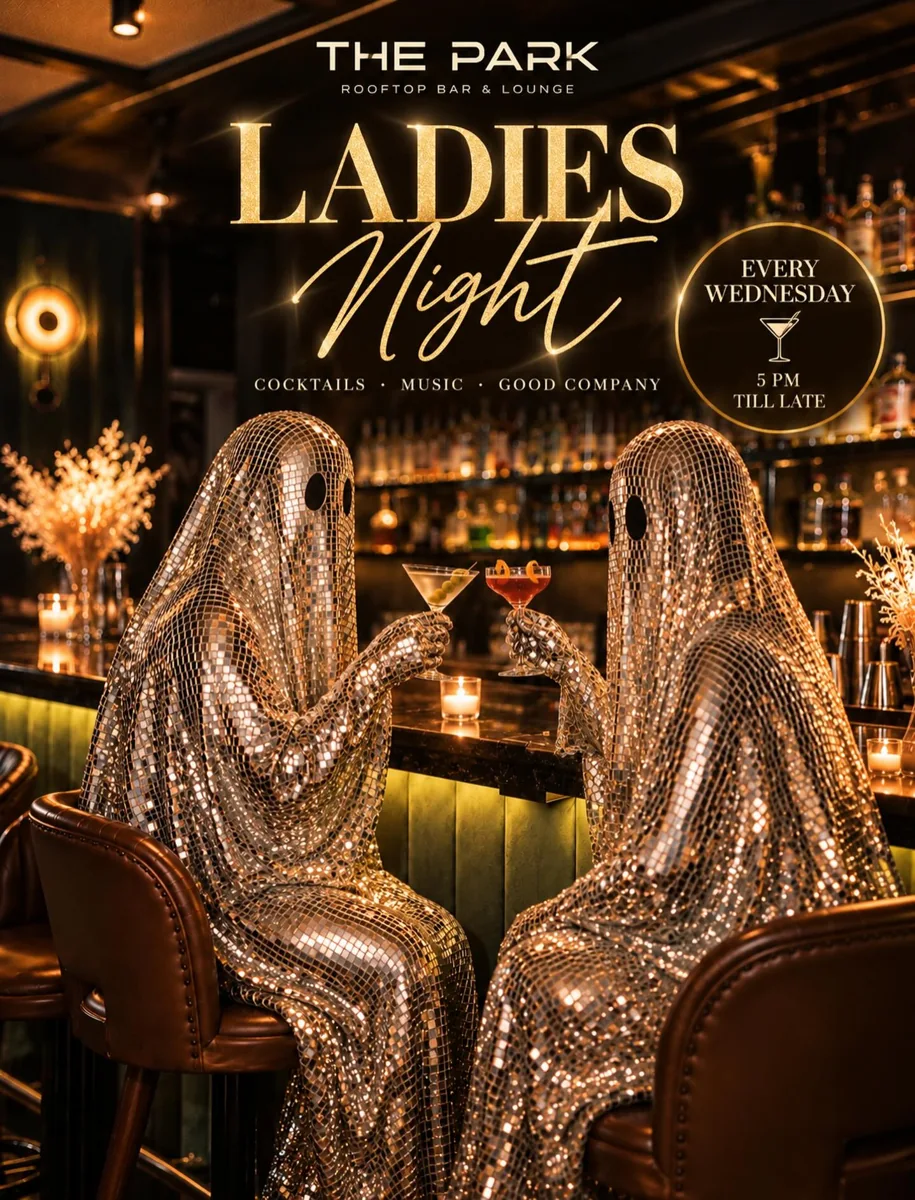 The Park every-Wednesday Ladies Night schedule poster, 17:00 until late; applies to both reviewed Wednesdays.