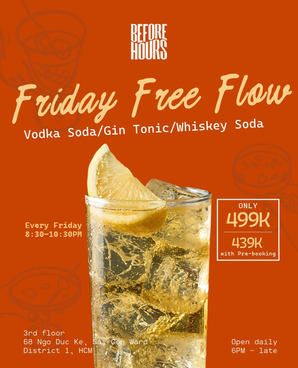 Before Hours Friday Free Flow poster, 8:30–10:30pm, with 499K and 439K pre-booking prices.